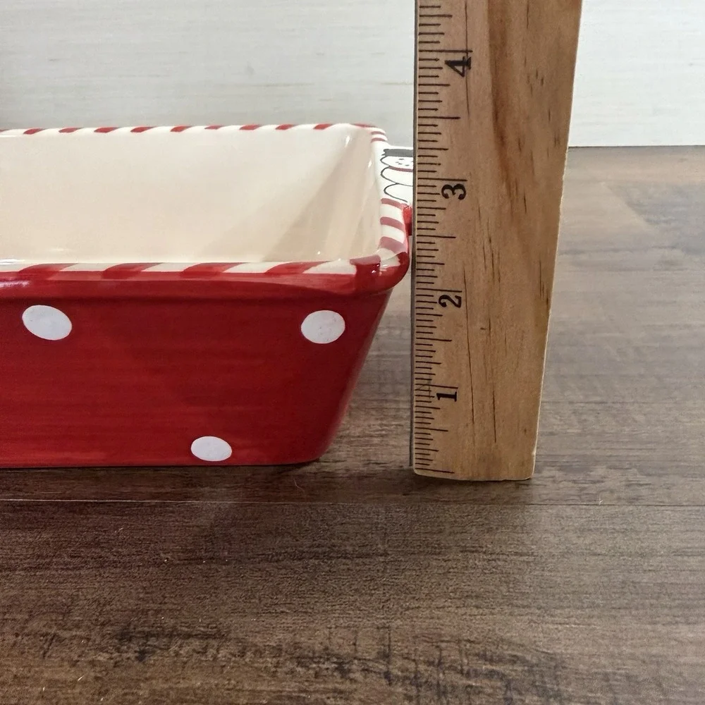 Nantucket Home Christmas Snowman Ceramic Loaf Baking Dish Pan Stripes Polka Dot